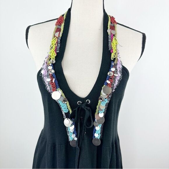 Nanette Lepore Anthropologie Black Knit Beaded Racerback Dress Cover-Up‎ Sz L - Picture 4 of 15